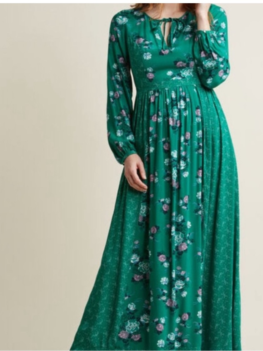 Modcloth Green Floral Long Sleeve Maxi Dress Whimsigoth Fairycore XXS